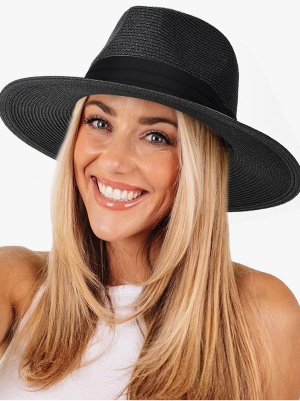 Black Wide-Brim Straw Fedora Hat for Women - Sleek Travel & Sun Protection